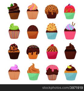 Delicious cupcakes and muffins vector cartoon set. Chocolate birthday dessert cupcake illustration. Delicious cupcakes and muffins vector cartoon set