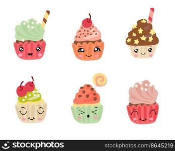 Delicious cupcakes in kawaii style. Dessert vector illustration design.. Delicious cupcakes in kawaii style. Dessert vector illustration design