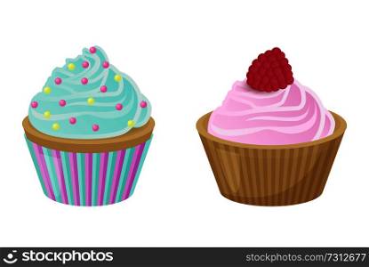 Delicious cupcakes with frosting and raspberry, tasty cream, vector illustration isolated on white backdrop. Various Cakes with Cupcakes Vector Illustration