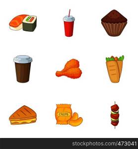 Delicious fast food icons set. Cartoon set of 9 delicious fast food vector icons for web isolated on white background. Delicious fast food icons set, cartoon style