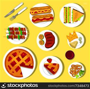 Delicious fastfood for summer picnic with cutlery. Sweet pie, tasty barbecue, small sandwiches and hot steak vector illustration. Delicious Fastfood for Summer Picnic with Cutlery