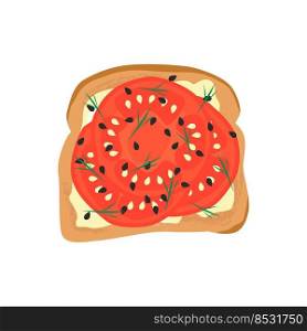 Delicious french toast breakfast. Healthy food concept. Sandwich made of fresh toasted bread with sliced tomatoes, cream cheese , chia and seasoning herbs. Cartoon hand drawn vector illustration. 