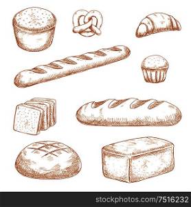 Delicious fresh baked bread, pastry and buns sketches with healthy whole grain bread, baguette, round and long loaves of wheat bread, french croissant, butter cupcake and soft pretzel . Bakery, pastry and buns sketches
