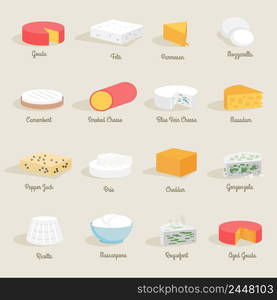 Delicious fresh cheese variety icon flat set isolated vector illustration. Cheese Icon Flat