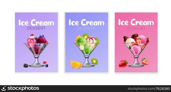 Delicious fresh fruits ice cream balls desert 3 realistic background posters with strawberry orange blueberry vector illustration