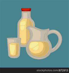 Delicious fresh milk in small glass, big jug with handle and bottle with red cover. Natural dairy products in transparent vessels isolated cartoon flat vector illustration on blue background.. Delicious fresh milk in small glass, big jug and bottle with cover
