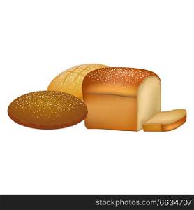 Delicious freshly baked white, rye and whole grain bread loafs sprinkled with powder isolated vector illustration on white background.. Delicious Fresh Bread Loafs with Sprinkles Set