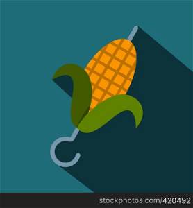 Delicious grilled corn in skewer icon. Flat illustration of delicious grilled corn in skewer vector icon for web isolated on baby blue background. Delicious grilled corn in skewer icon, flat style