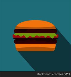 Delicious hamburger icon. Flat illustration of delicious hamburger vector icon for web on baby blue background. Delicious hamburger icon, flat style