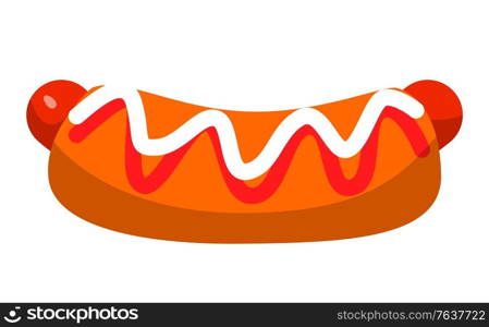 Delicious hot dog, meal with ketchup and mayonnaise. Sausage with bun and sauces, american traditional fast food. Unhealthy snack isolated on white background. Vector in flat style for t-shirt print. Hot Dog with Ketchup and Mayo, Street Fast Food