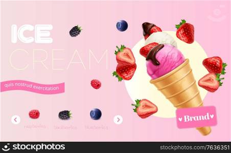 Delicious ice cream with fresh berries waffle cone dessert realistic composition advertising banner pink background vector illustration