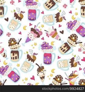 Delicious ice cream with topping, cookies and decor seamless pattern of dessert served in restaurant or cafe. Container with mousse or milkshake with chocolate addition. Vector in flat style. Sweet desserts served in cups, ice creams seamless pattern