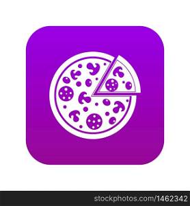 Delicious italian pizza lifted slice one icon digital purple for any design isolated on white vector illustration. Delicious italian pizza lifted slice one icon digital purple