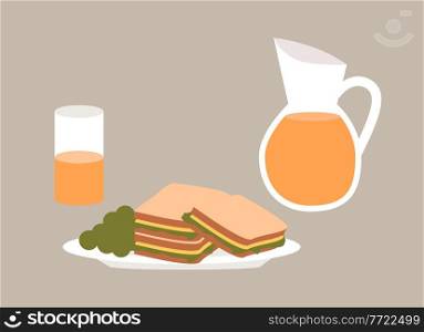 Delicious lunch sandwich and soda drink. Tasty fast food afternoon lunch restaurant vector illustration. Burgers on the plate and a juice in a transparent jug isolated on beige background cartoon meal. Delicious lunch sandwich and drink. Tasty fast food afternoon lunch restaurant vector illustration