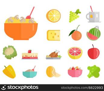 Delicious meals, fresh juicy fruits and healthy organic vegetables cartoon vector illustrations set on white background.. Delicious Meals, Fresh Fruits and Green Vegetables