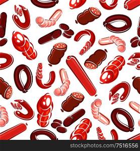 Delicious meat sausages and salami seamless pattern design with background of smoked salami and pepperoni sausages, bologna and blood sausages rings. Butcher shop, livestock farming, market themes. Meat sausages and salami pattern