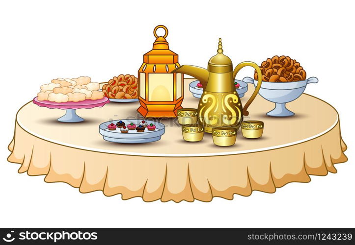 Delicious menu for iftar party are on the table with lantern and gold teapot