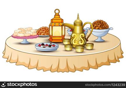 Delicious menu for iftar party are on the table with lantern and gold teapot