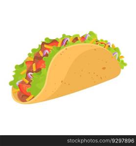 Delicious mexican Taco cartoon illustration isolated on white background. beef meet, tomato, cheese, onion, lettuce, corn tortilla ingredients. Restaurant or fast food menu element.. Delicious mexican Taco cartoon illustration isolated on white background. beef meet, tomato, cheese, onion, lettuce, corn tortilla ingredients.