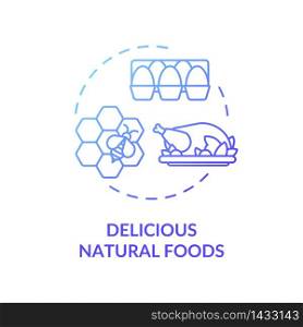 Delicious natural foods blue concept icon. Local farm production. Chicken meat and dairy. Honey and eggs. Organic products idea thin line illustration. Vector isolated outline RGB color drawing. Delicious natural foods blue concept icon