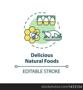 Delicious natural foods concept icon. Local farm production. Meat and dairy. Organic products idea thin line illustration. Vector isolated outline RGB color drawing. Editable stroke. Delicious natural foods concept icon
