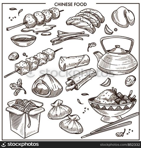 Delicious nutritious cheese food. Bakery products, noodles in cardboard box, canapes on sticks, dish with rice and chopsticks isolated cartoon flat sketchy monochrome vector illustrations set.. Delicious nutritious cheese food isolated monochrome illustrations set