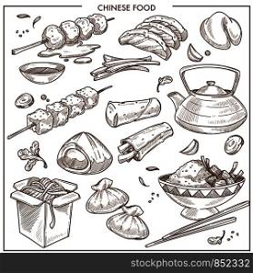 Delicious nutritious cheese food. Bakery products, noodles in cardboard box, canapes on sticks, dish with rice and chopsticks isolated cartoon flat sketchy monochrome vector illustrations set.. Delicious nutritious cheese food isolated monochrome illustrations set