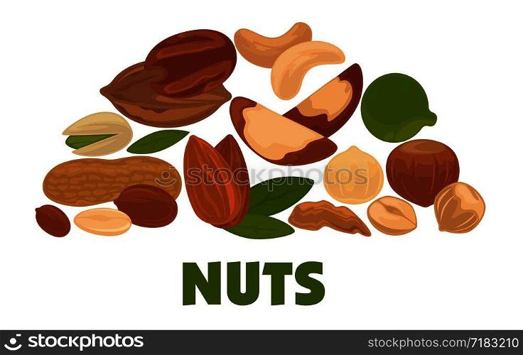 Delicious nutritious nuts advertisement banner with italic sign inside big circle isolated vector illustration . Healthy food full of vitamins and minerals commercial poster.. Delicious nutritious nuts advertisement banner with italic sign inside big circle isolated vector illustration