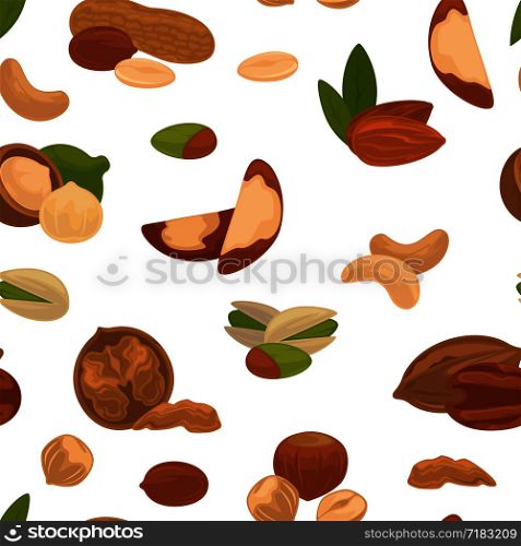 Delicious nutritious nuts full of vitamins and minerals isolated cartoon flat vector illustrations inside seamless pattern on white background. Natural food with healthy fats in endless texture.. Delicious nutritious nuts full of vitamins and minerals isolated cartoon flat vector