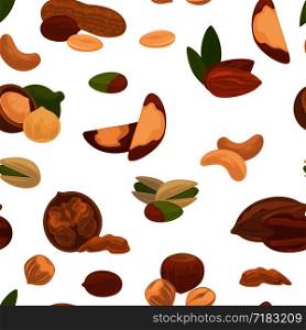 Delicious nutritious nuts full of vitamins and minerals isolated cartoon flat vector illustrations inside seamless pattern on white background. Natural food with healthy fats in endless texture.. Delicious nutritious nuts full of vitamins and minerals isolated cartoon flat vector