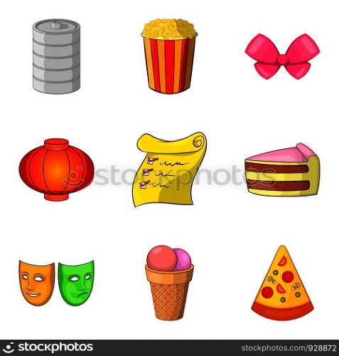 Delicious party icon set. Cartoon set of 9 delicious party vector icons for web design isolated on white background. Delicious party icon set, cartoon style