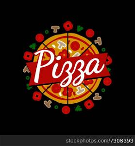 Delicious pizza cafe commercial emblem composed of cheesy slices and ingredients around isolated cartoon vector illustration on black background.. Delicious Pizza Cafe Bright Commercial Emblem
