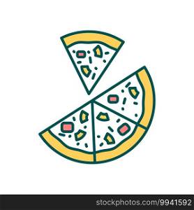 Delicious pizza RGB color icon. Dinner take out delivery. Dish with vegetables and meat. Restaurant cookery. Recipe for cooking. Italian cuisine product. Pepperoni pizza. Isolated vector illustration. Delicious pizza RGB color icon
