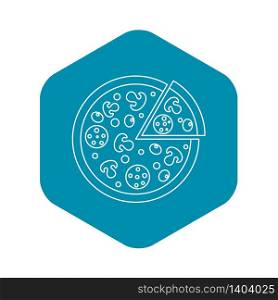 Delicious pizza with mushrooms, salami and olives, lifted slice one icon. Outline illustration of delicious pizza with mushrooms, salami and olives , lifted slice one vector icon for web. Delicious pizza with mushrooms, salami olives icon