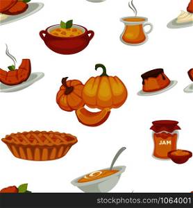 Delicious pumpkin dishes for main course and dessert seamless pattern. Sweet jam, tasty pie, small cake, nutritious soup, fresh cutlets and boiled vegetable isolated cartoon vector illustration on white background.. Delicious pumpkin dishes for main course and dessert seamless pattern.