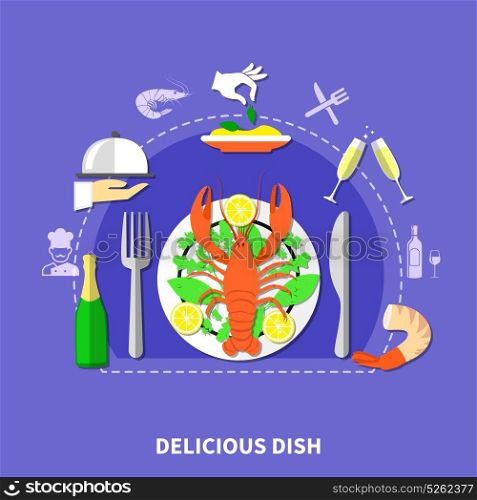 Delicious Restaurant Food Composition. Restaurant dishes composition with waiter hands in gloves flatware food and drinks flat images and icons vector illustration
