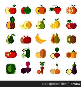 Delicious ripe fruits and healthy organic vegetables set. Vegetarian food full of vitamins and minerals. Tasty natural products isolated cartoon flat vector illustrations set on white background.. Delicious ripe fruits and healthy oranic vegetables set