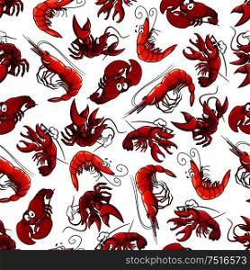 Delicious seafood characters seamless background with pattern of atlantic red shrimps, prawns and lobsters. Lobsters and shrimps seamless pattern