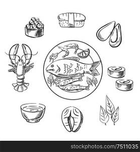 Delicious seafood design with sketched caviar, sushi, mussels, seaweed, red fish, salmon, sauce and lobster. Sketch style vector. Delicious natural sketched vector seafood
