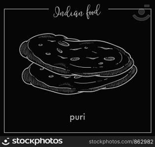 Delicious soft hot puri loaves from traditional national Indian food. Tasty bread of round shape. Oriental bakery product isolated cartoon flat monochrome vector illustration on black background.. Delicious soft hot puri loaves from Indian food