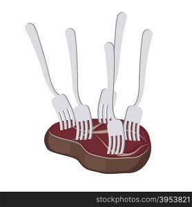 Delicious steak. Fried meat with with many forks. Vector illustration&#xA;