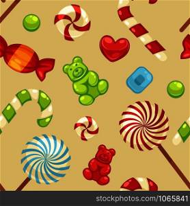 Delicious sweet candies in bright covers and lollipops in shape of cute hearts, striped cane and small teddy in seamless pattern isolated cartoon flat vector illustrations set inside squares.. Delicious sweet candies in bright covers and lollipops in shape of cute hearts, striped cane and small teddy in seamless pattern isolated