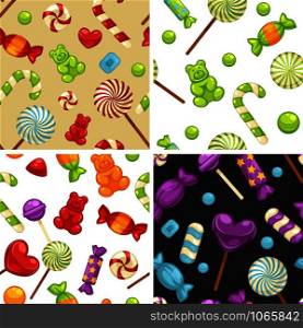 Delicious sweet candies in bright covers and lollipops in shape of cute hearts, striped cane and small teddy in seamless patterns isolated cartoon flat vector illustrations set inside squares.. Delicious sweet candies in bright covers and lollipops in shape of cute hearts, striped cane and small teddy in seamless patterns isolated