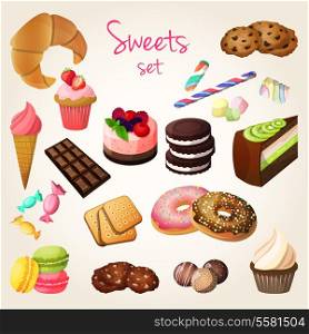 Delicious sweets and fresh pastry set of croissant ice cream cookies isolated vector illustration