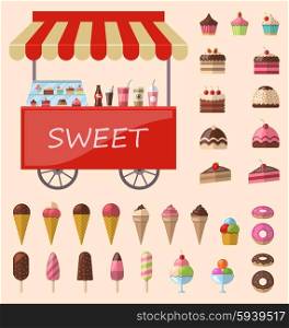 Delicious sweets and ice cream icons set. Delicious sweets and ice cream cart market icons set - vector