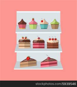 Delicious sweets piece cake stand market icons set. Delicious sweets and ice cream stand market icons set - vector