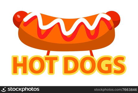 Delicious vector hot dog, meal with ketchup and mayonnaise. Sausage with bun, bread and sauces, american traditional fast, junk food illustration. Unhealthy snack isolated on white background. Hot Dog with Ketchup and Mayo, American Fast Food