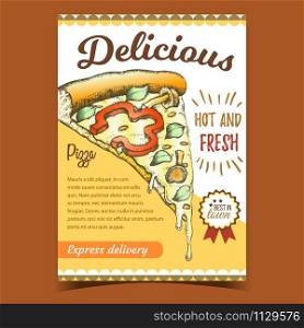 Delicious Vegetarian Italian Pizza Poster Vector. Slice Cheese Pizza With Ingredients Mushroom Honey Agaric And Paprika Pepper, Basil Leaves And Oregano Advertising Banner Concept Illustration. Delicious Vegetarian Italian Pizza Poster Vector