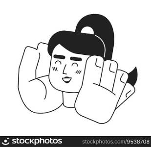 Delight girl monochrome flat linear character head. Cheerful woman holding hands on cheeks. Editable outline hand drawn human face icon. 2D cartoon spot vector avatar illustration for animation. Delight girl semi flat vector character head