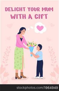 Delight mom with gift poster flat vector template. Presenting floral bouquet. Brochure, booklet one page concept design with cartoon characters. Mother birthday flyer, leaflet with copy space. Delight mom with gift poster flat vector template